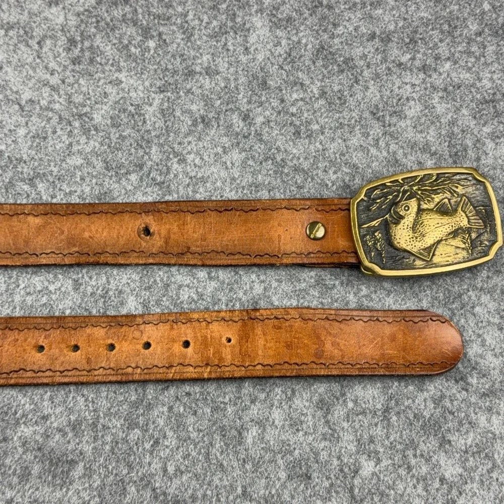 VTG BTS Belt Mens 34 Brown Trout Fish Solid Brass Buckle Leather Western 70s 80s